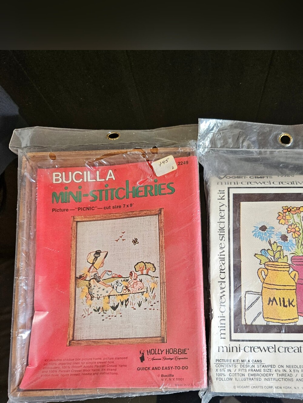 Embroidery Crewel Mini Kit With Frames "Picnic" Milk Cans" Vase Flowers Vintage